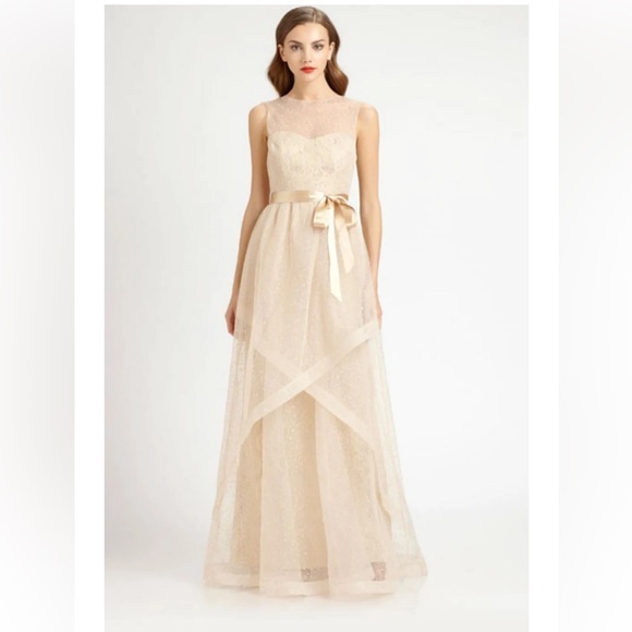 Rickie Freeman for Teri Jon Dresses & Skirts - Rickie Freeman For Teri John Swiss Dot Gold Sheer Tulle and Lace Gown 16